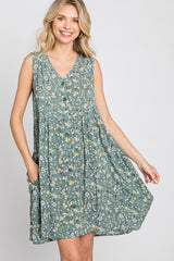 Light Olive Floral Sleeveless Button Down Dress