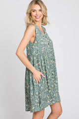 Light Olive Floral Sleeveless Button Down Dress