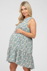 Light Blue Floral Tiered Sleeveless Maternity Dress