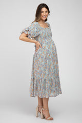 Light Blue Floral Chiffon Smocked Square Neck Maternity Midi Dress