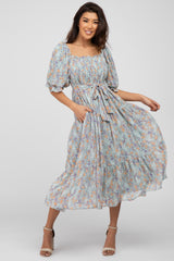 Light Blue Floral Chiffon Smocked Square Neck Maternity Midi Dress