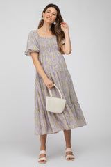 Lavender Floral Chiffon Smocked Square Neck Maternity Midi Dress