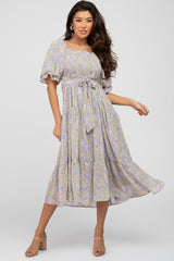 Lavender Floral Chiffon Smocked Square Neck Maternity Midi Dress