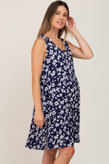 Navy Floral Sleeveless Tiered Maternity Dress