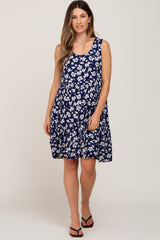 Navy Floral Sleeveless Tiered Maternity Dress