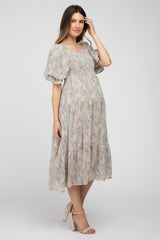 Cream Floral Chiffon Smocked Square Neck Maternity Midi Dress