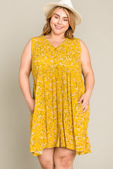 Mustard Floral Sleeveless Button Down Plus Dress