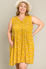 Mustard Floral Sleeveless Button Down Plus Dress