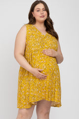 Mustard Floral Sleeveless Button Down Plus Maternity Dress