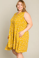 Mustard Floral Sleeveless Button Down Plus Dress