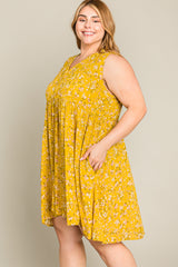 Mustard Floral Sleeveless Button Down Plus Dress