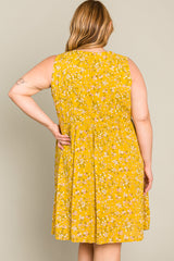 Mustard Floral Sleeveless Button Down Plus Dress