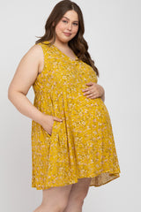 Mustard Floral Sleeveless Button Down Plus Maternity Dress