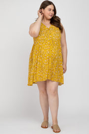 Mustard Floral Sleeveless Button Down Plus Maternity Dress