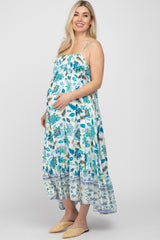 Blue Floral Paisley Border Print Maternity Maxi Dress