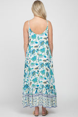 Blue Floral Paisley Border Print Maternity Maxi Dress