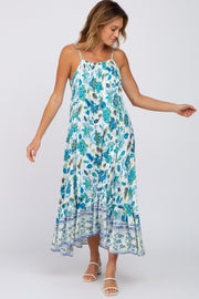 Blue Floral Paisley Border Print Maxi Dress