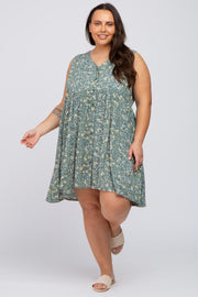 Light Olive Floral Sleeveless Button Down Plus Dress