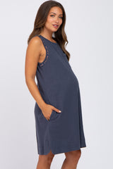 Navy Floral Trim Maternity Shift Dress