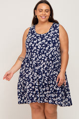 Navy Floral Sleeveless Tiered Plus Dress