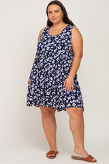 Navy Floral Sleeveless Tiered Plus Dress