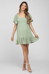 Light Olive Smocked Tie Back Ruffle Maternity Dress