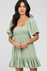 Light Olive Smocked Tie Back Ruffle Maternity Dress