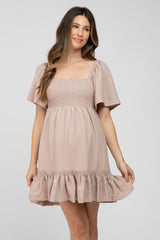 Taupe Smocked Tie Back Ruffle Maternity Dress