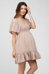 Taupe Smocked Tie Back Ruffle Maternity Dress