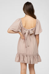 Taupe Smocked Tie Back Ruffle Maternity Dress