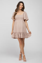 Taupe Smocked Tie Back Ruffle Maternity Dress