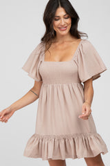 Taupe Smocked Tie Back Ruffle Maternity Dress