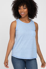 Light Blue Heathered Sleeveless Pocket Front Top