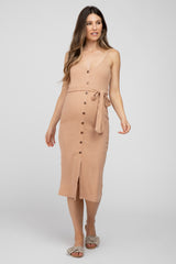 Beige Ribbed Sash Tie Maternity Midi Dress