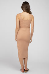 Beige Ribbed Sash Tie Maternity Midi Dress