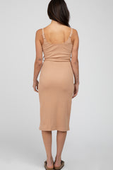 Beige Ribbed Sash Tie Midi Dress