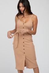 Beige Ribbed Sash Tie Midi Dress