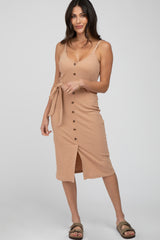 Beige Ribbed Sash Tie Maternity Midi Dress