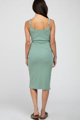 Light Olive Ribbed Sash Tie Midi Dress