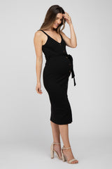 Black Ribbed Sash Tie Maternity Midi Dress