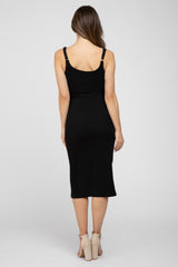 Black Ribbed Sash Tie Maternity Midi Dress