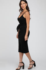 Black Ribbed Sash Tie Midi Dress