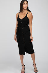 Black Ribbed Sash Tie Midi Dress