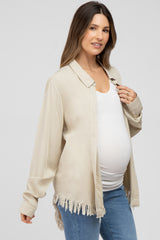 Beige Distressed Hi-Low Button Up Maternity Top