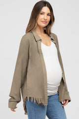 Olive Distressed Hi-Low Button Up Maternity Top