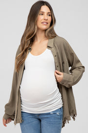 Olive Distressed Hi-Low Button Up Maternity Top