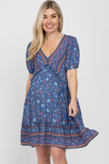 Blue Floral Striped Ruffle Accent Maternity Dress