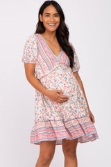 Pink Floral Striped Ruffle Accent Maternity Dress