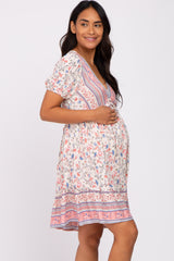 Pink Floral Striped Ruffle Accent Maternity Dress