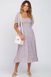 Lavender Floral Smocked Midi Dress